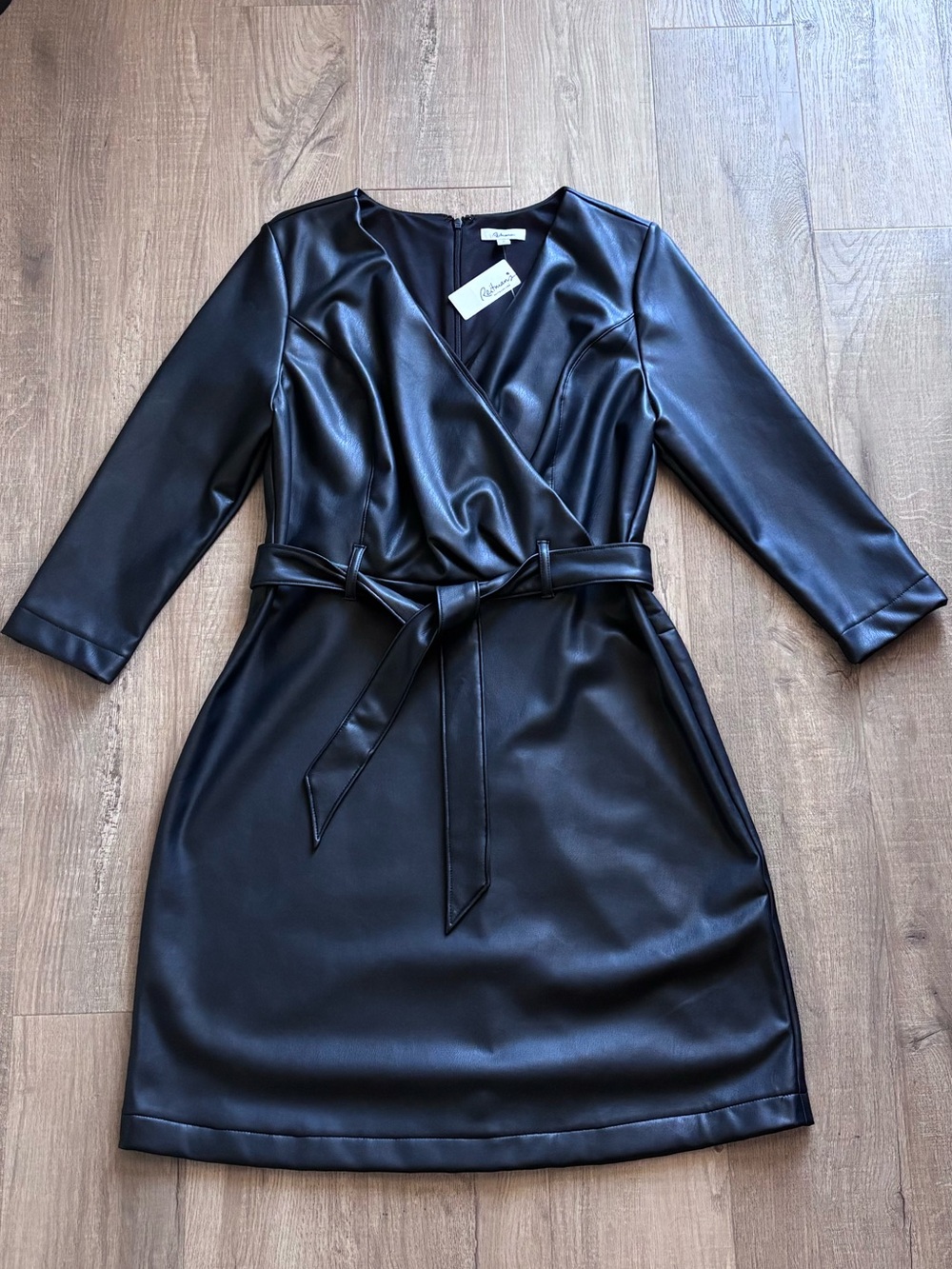Reitmans Faux Leather Long Sleeve Wrap Dress in Black
